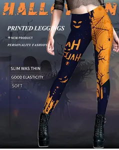 Detail of Halloween leggings with pumpkin spider web print and high elastic slim fit fabric