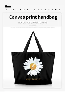Detail der schwarzen Canvas-Tasche mit Gänseblümchen- und gelbem Blitz-Aufdruck