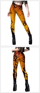 Detail view of high waist Halloween leggings with pumpkin and spider web prints