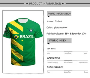 Detail der Brasilien-Grafik und Material aus 88% Polyester und 12% Elasthan auf grünem T-Shirt