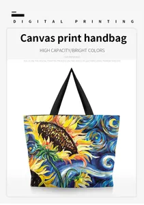 Detailansicht des Sonnenblumen-Ölgemälde-Drucks im Van-Gogh-Stil auf Canvas-Tasche