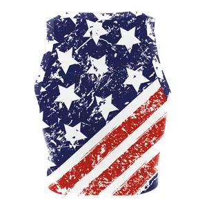 Women Independence Day American Flag Print Sleeveless Round Neck Crop Top Slim Fit Distressed Stars And Stripes Tank Top