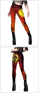 Detailed front and back view of Halloween leggings featuring pumpkin and bat prints