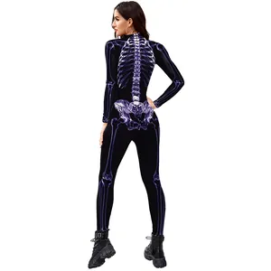Combinaison squelette 3D pour femmes avec motif d'os violet fluorescent pour Halloween