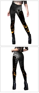 Detailed front and back view of Halloween leggings with pumpkin and castle prints