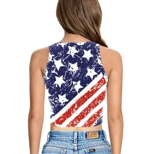 Distressed American flag digital print sleeveless crop top with star and stripes pattern