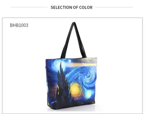 Detailansicht der Tragetasche mit Van Gogh Sternennacht Print und schwarzen Trageriemen