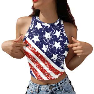 Distressed American flag print sleeveless crop top for women in vintage star stripe style
