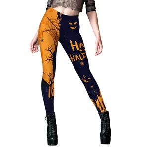 Women Halloween Leggings High Waist Spooky Digital Print Slim Fitness Trousers With Pumpkin Spider Web Castle Bat Pattern Holiday Party Pants