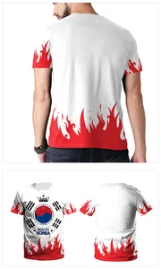 Details des Südkorea-Fußball-T-Shirts mit roten Flammenmustern und Nationalemblemen