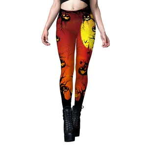 Women's Halloween leggings featuring pumpkins and bats design on high-waist stretch fabric