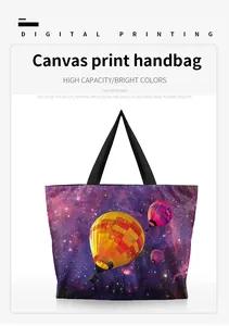Macro view of canvas handbag with bright digital print of hot air balloons and starry sky
