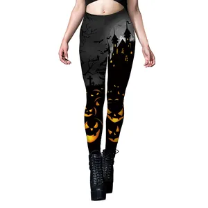 Women's Halloween leggings featuring pumpkins and castle silhouettes on black stretch fabric