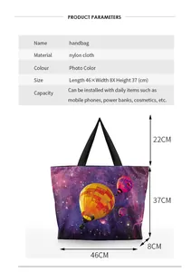 Size specifications of star sky and hot air balloon print nylon tote bag with 46x37cm dimensions