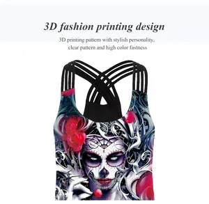Detailed back view of criss-cross straps on a skull and rose print workout tank top