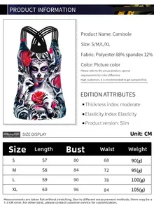Detailed size guide table with measurements for rose skull 3D print fitness tank top