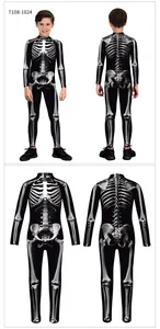 Detaillierte Vorder- und Rückansicht des Kinder-Skelett-Bodysuits für Halloween-Auftritte