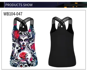 Front and back view of a slim sports tank top with rose skull print and strappy back