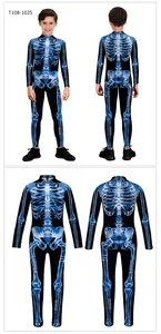 Vorder- und Rückansicht des Kinder-Skelett-Jumpsuits mit blauem Knochen-Print für Halloween