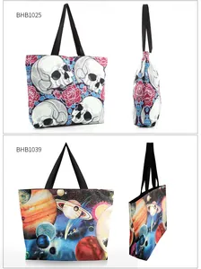 Detail views of gothic skull rose and colorful space galaxy printed tote bags with straps