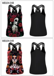 Flat lay of women's racerback tank tops with 3D sugar skull and rose floral prints