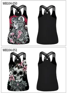 Detail of 3D rose skull print tank top with multiple cross-strap back design