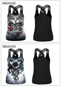 Flat lay of 3D rose skull print tank tops with criss-cross back straps and elastic fabric