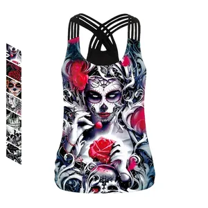 Women Gothic Skull Rose Print Tank Top Criss Cross Back Sexy Slim 3D Digital Printing Sleeveless Camisole Top For Halloween