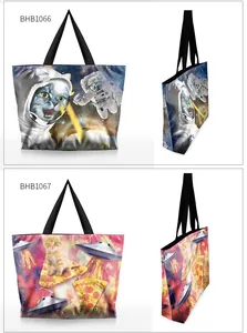 Detail view of canvas tote bags with cute 3D cat space and pizza UFO themed prints