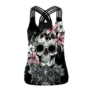 Women's 3D skull and floral print sports tank top with strappy racerback design