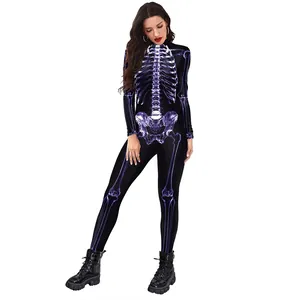 Combinaison femme imprimé squelette violet 3D à manches longues pour cosplay Halloween
