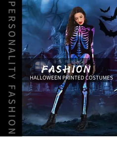 Détail de l'imprimé squelette coloré sur un body d'Halloween pour femme