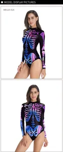 Detail of colorful skeleton print on long-sleeved Halloween bodysuit for women
