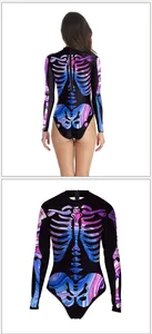 Detailed back and front views of skeleton print long sleeve bodysuit with cosmic patterns