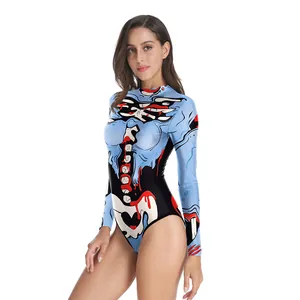 Damen Halloween Totenkopf Skelett 3D Digitaldruck Langarm Einteiliger Badeanzug Slim Fit Stehkragen Body Suit Für Party Cosplay