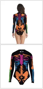 Detail of colorful skeleton print on long sleeve bodysuit with hidden back zipper