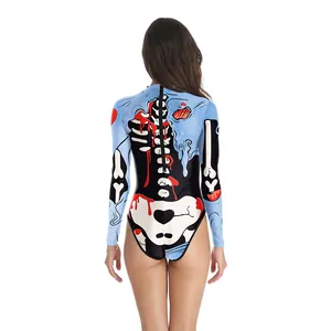 Halloween Damen Langarm Body mit 3D Skelett Print und roten Blutflecken auf blauem Grund