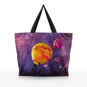 3D starry night purple tote bag with colorful hot air balloon print and black straps