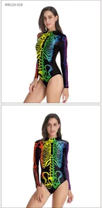 Detailed front and side view of colorful skeleton print bodysuit for Halloween costumes