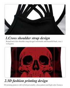 Close-up of cross-back straps and red 3D skull print on a black Halloween tank top