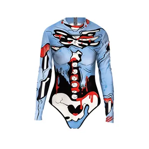 Blauer Zombie-Skelett-Body mit 3D-Knochendruck und Reißverschluss für Halloween-Kostüme