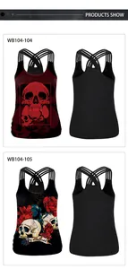 Detail of Halloween camisole featuring skull prints and stylish criss-cross back straps
