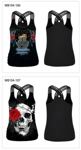 Front and back detail of black gothic tank tops with skull and rose graphic prints
