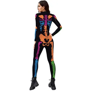 Combinaison imprimée squelette colorée pour Halloween avec des motifs d'os vifs au dos