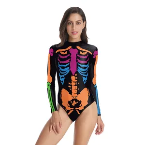 Women's long sleeve leotard with colorful skeleton print for Halloween carnival