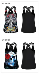 Detail of gothic skeleton and blue skull rose prints on crisscross strap tank tops