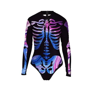 Women's long sleeve bodysuit with colorful skeleton print for Halloween and gymnastics