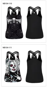 Detailed front and back views of Halloween tank tops with skull and gothic prints