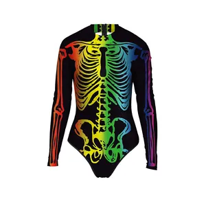 Women's long sleeve bodysuit with rainbow skeleton print for Halloween party cosplay