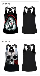 Detail of gothic skull and red rose prints on black strappy tank tops for women